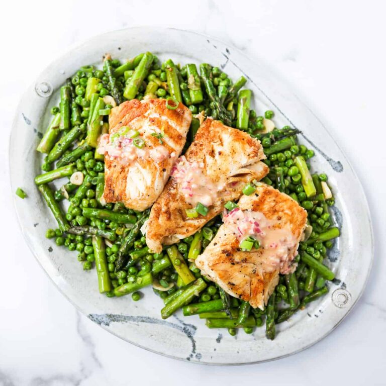 Whole30 Pan-Seared Cod with Spring Vegetables and Mustard Vinaigrette