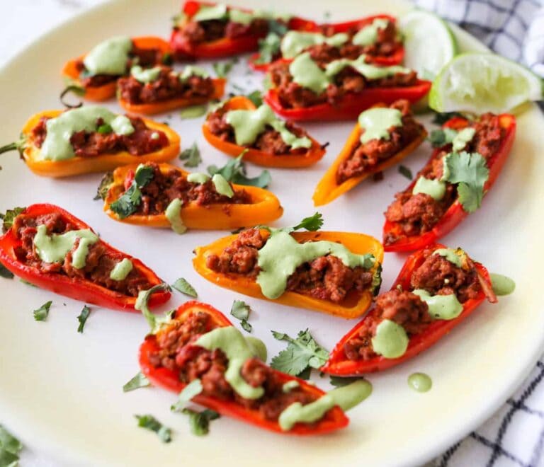 Taco Stuffed Mini Peppers with a Cilantro Jalapeño Sauce- Whole30 + Paleo