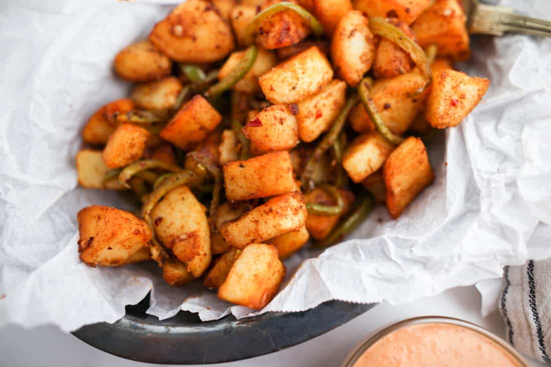 Patats Bravas made whole30 friendly and served on a plate