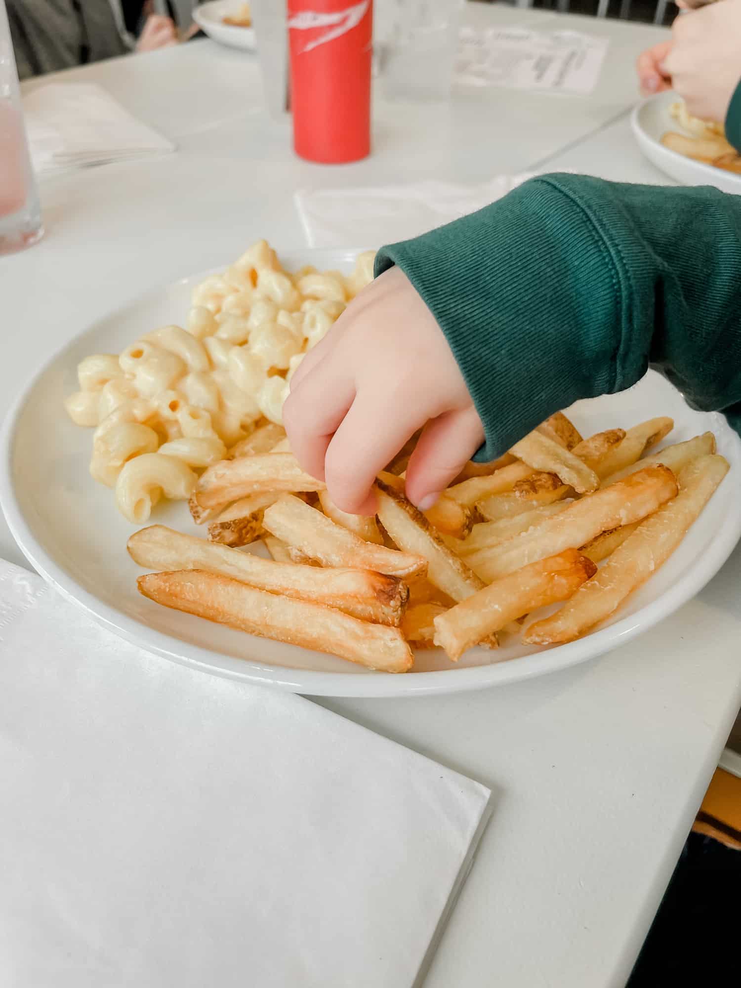 french fries and mac and cheese on a white plate with a little boy's fingers grabbing a fry 