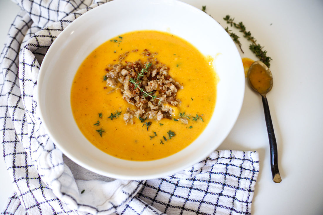 butternut squash soup with crispy pork topping